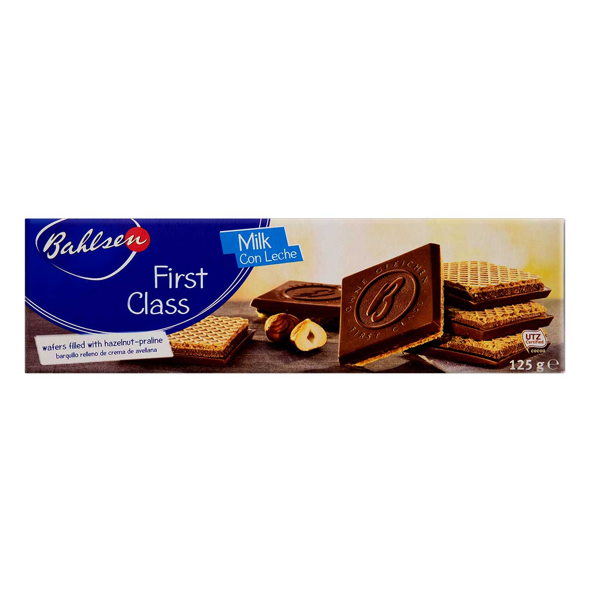 Biscoito Wafer Recheio Torrone de Avelã Cobertura Chocolate ao Leite Bahlsen First Class Caixa 125 g