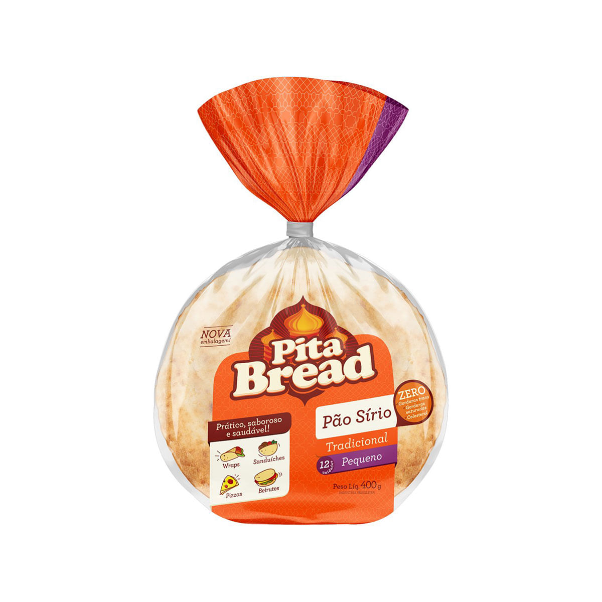 Pão Sírio Pequeno Pita Bread com 12 Unidades 400g