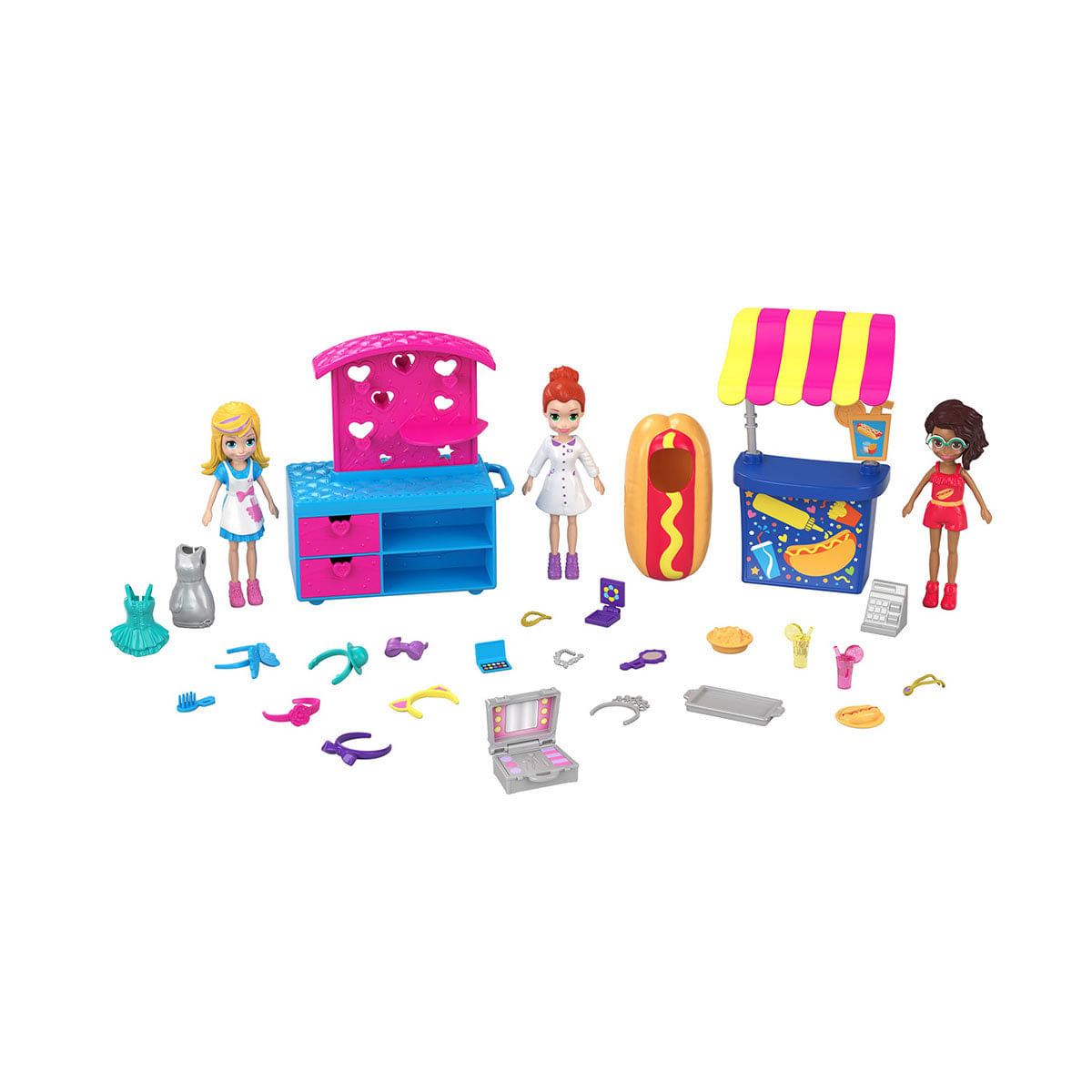 Polly Pocket! 3 Bonecas com Quiosque de Lanches, Nova Polly Mattel