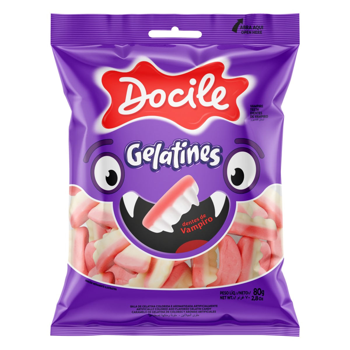 Bala de Gelatina Sabor Framboesa Dentes de Vampiro Docile Gelatines 80g