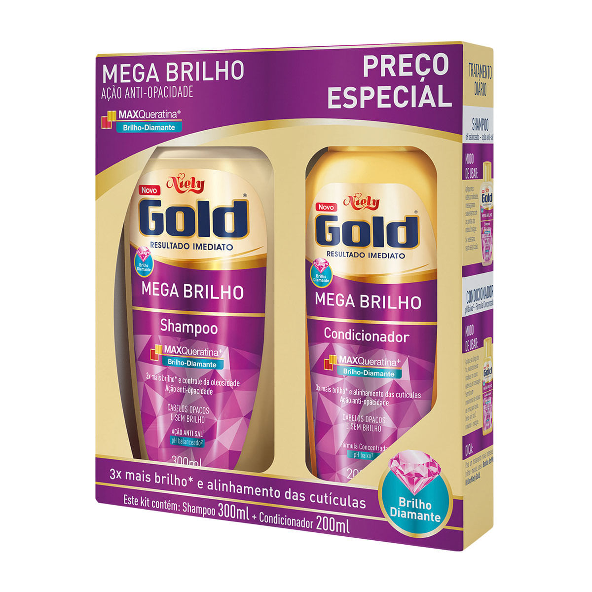 Kit Niely Gold Mega Brilho Shampoo 300ml + Condicionador 200ml