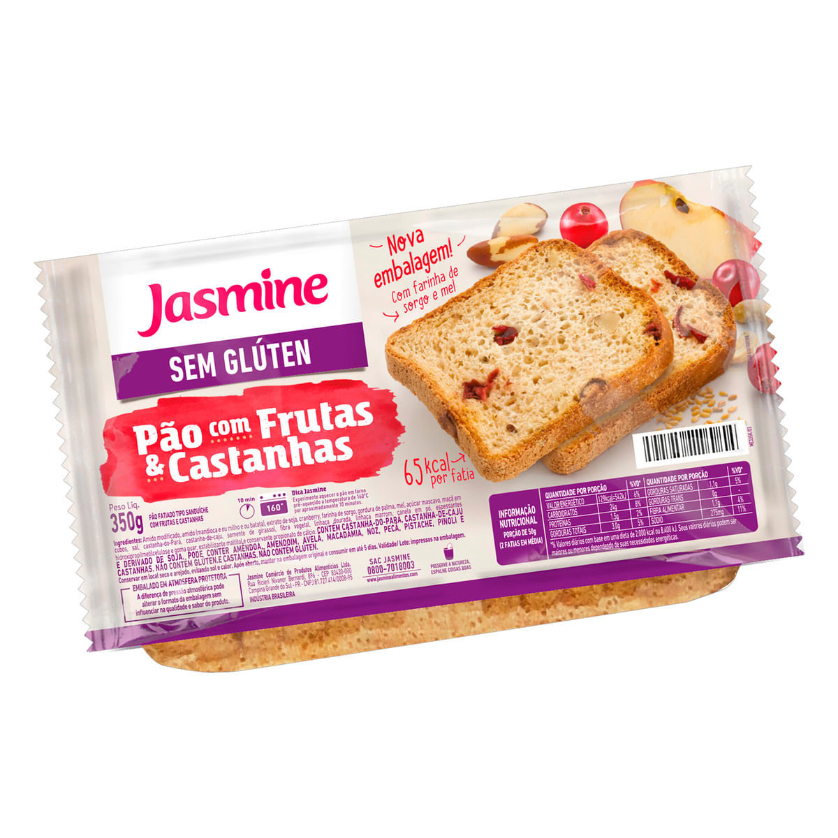 Pão de Sanduíche Frutas e Castanhas sem Glúten Jasmine Pacote 350g