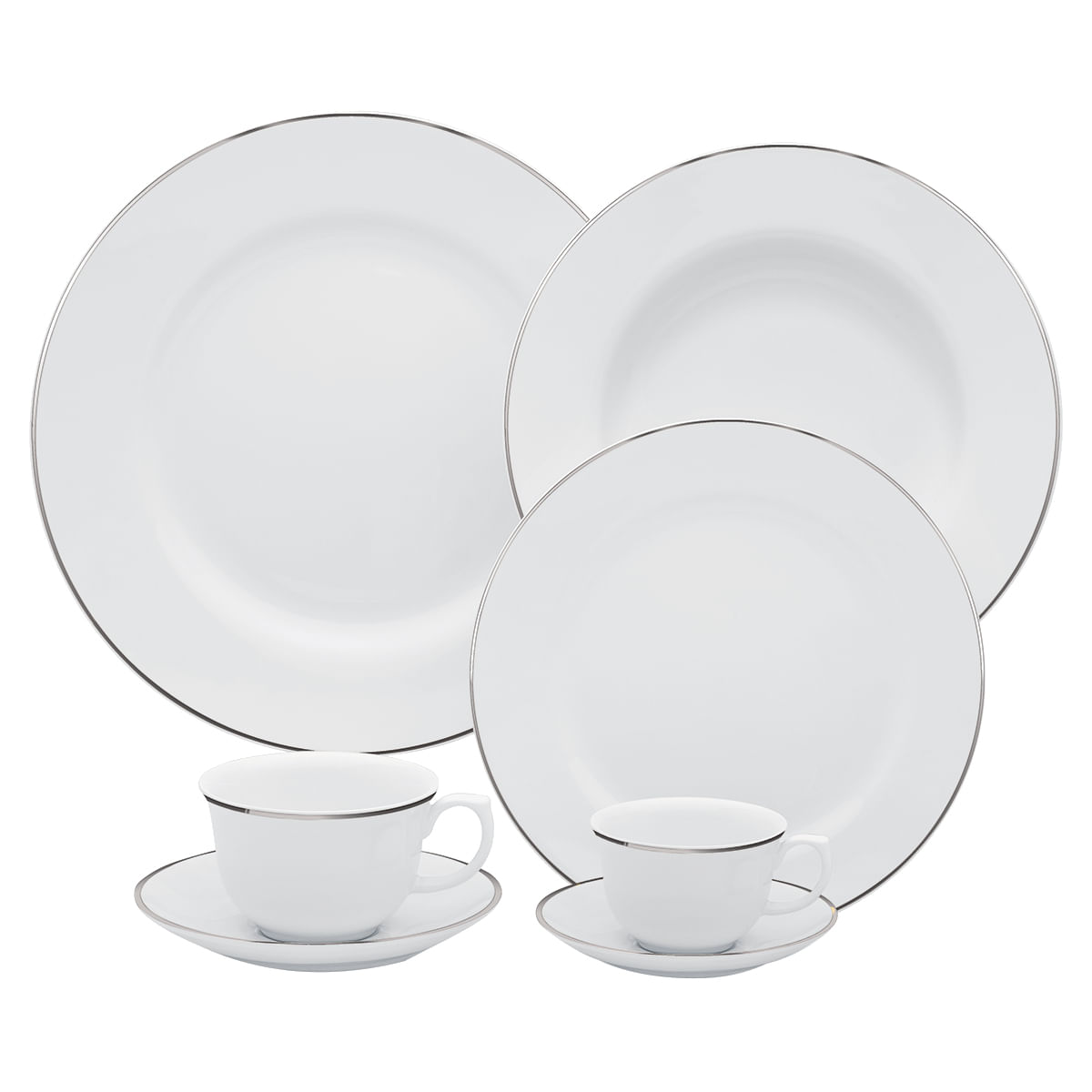 Aparelho de Jantar 42 Peças em Porcelana Oxford Flamingo Isabel SM42-9208 Branco e Prata