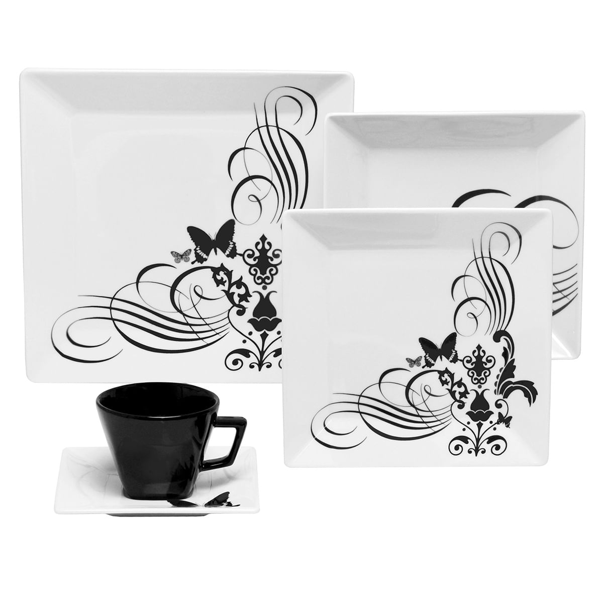 Aparelho de Jantar 20 Peças em Porcelana Oxford Quartier Tattoo GM20-2414 Branco e Preto