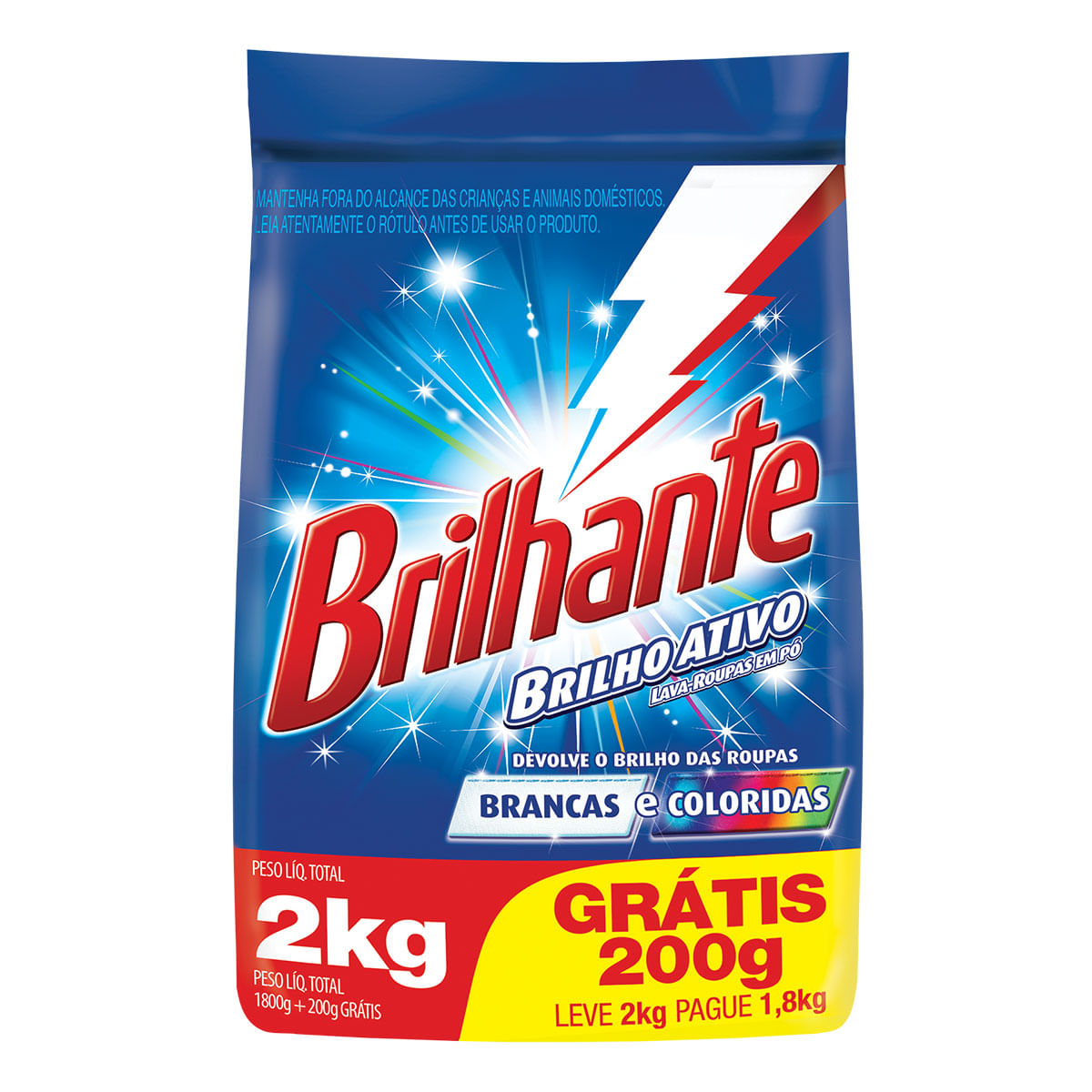 Sabão em Pó Brilhante Brilho Ativo para Roupas Brancas e Coloridas 2Kg