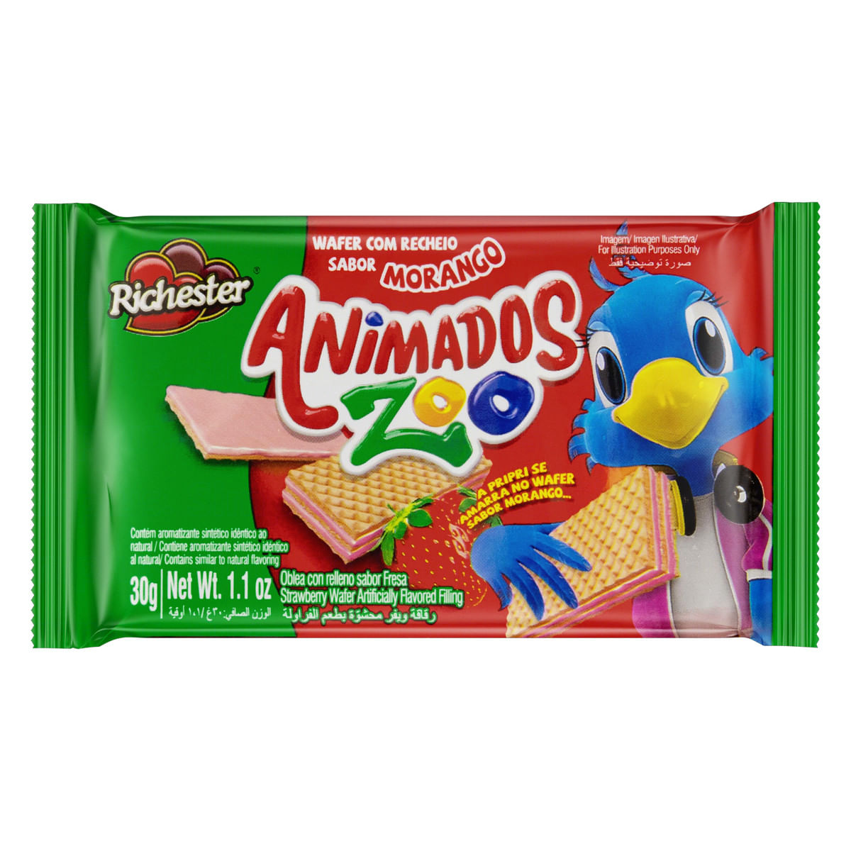 Biscoito Wafer Richester Animados Zoo Morango 30 g