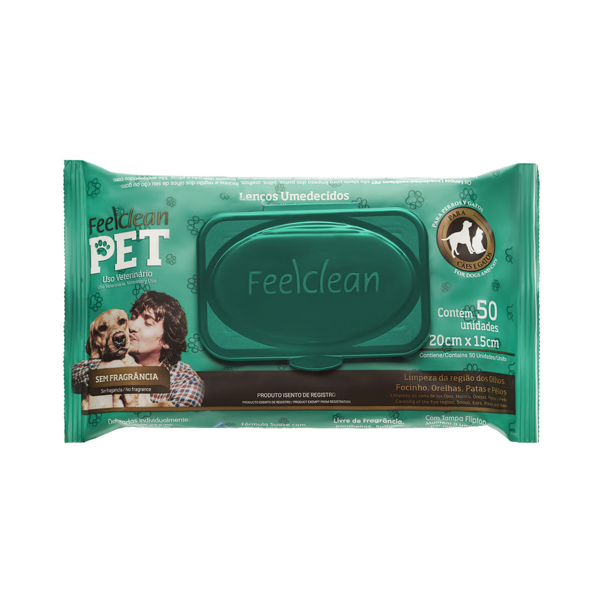 Lenço Umedecido Uso Veterinário Feelclean Pet 20cm x 15cm Pacote 50 Unidades