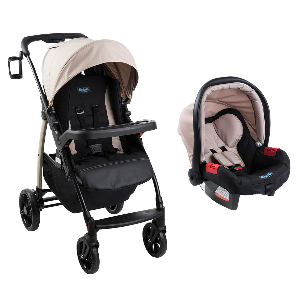 Carrinho de Bebê Travel System Burigotto 4 Rodas 4 Posições Suporta Crianças de Até 15Kg Módulo Pramette Bege