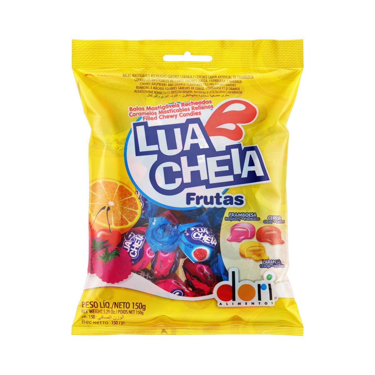 Bala com Recheio de Framboesa, Cereja e Laranja Lua Cheia Frutas Pacote 150g