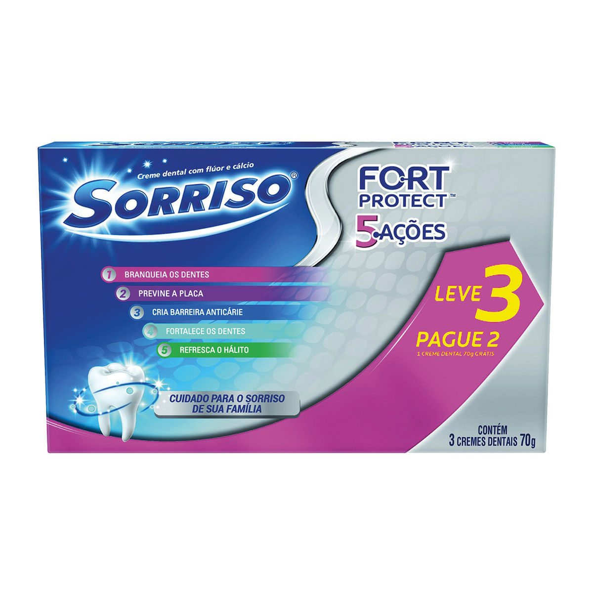 Kit Creme Dental Sorriso Fort Protect 5 Ações 3 Unidades 70g cada - Embalagem Promocional