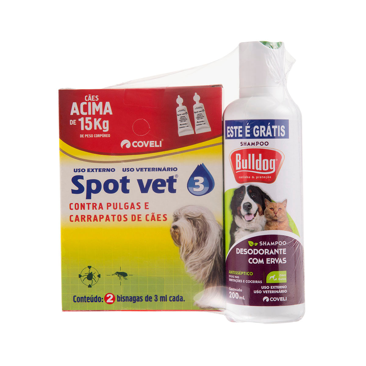 Kit Antipulga 2 Bisnagas Spot Vet 3 de 3ml + Shampoo Bulldog de 200ml