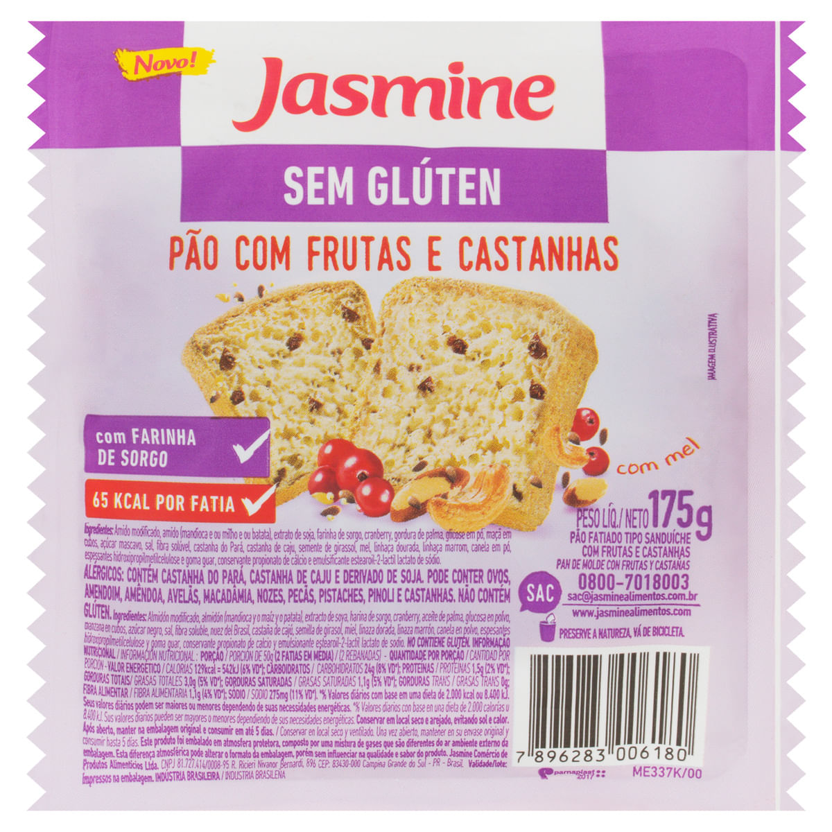 Pão de Sanduíche Frutas e Castanhas sem Glúten Jasmine Pacote 175g