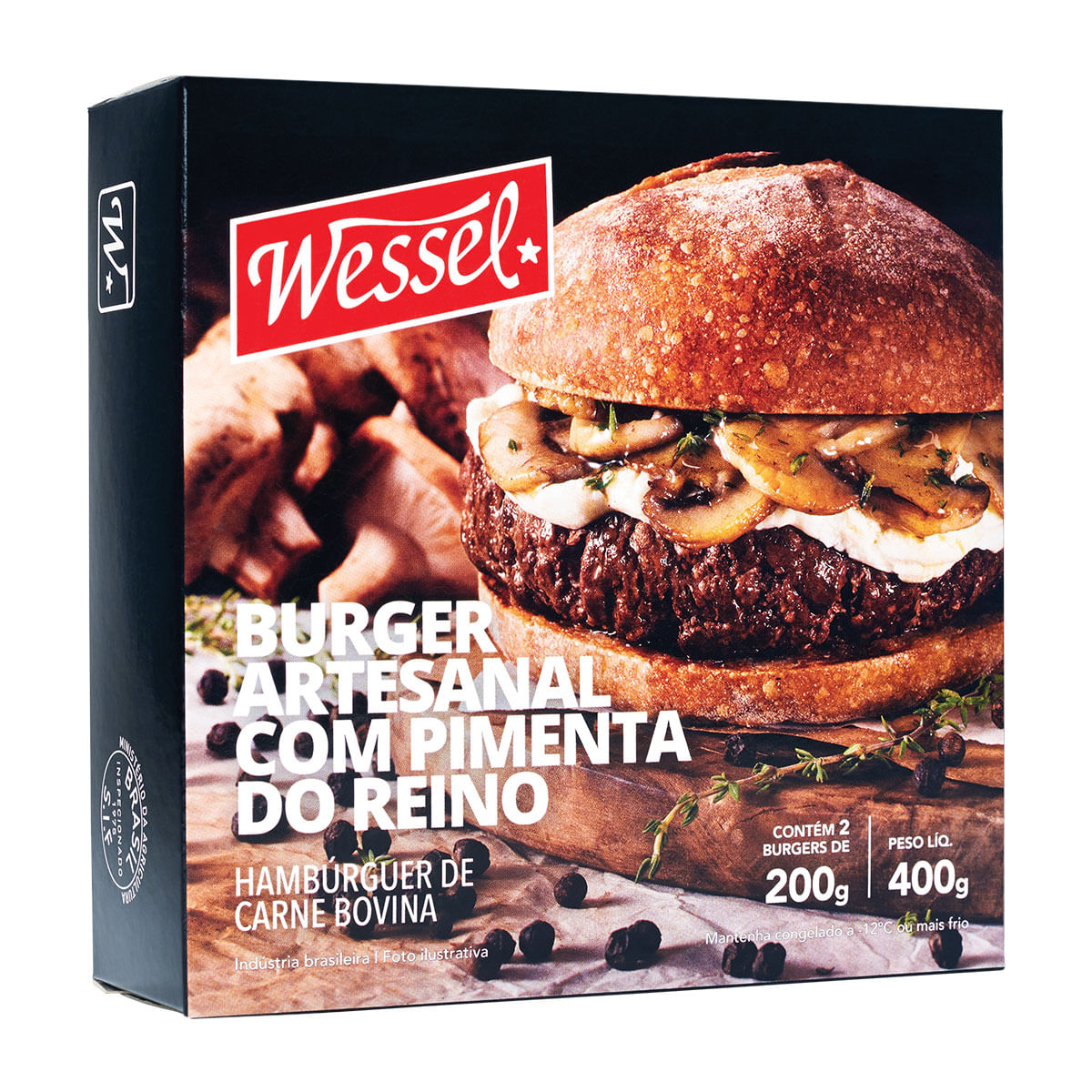 Hambúrguer Bovino Artesanal Congelado com Pimenta do Reino Wessel 400g 2 Unidades