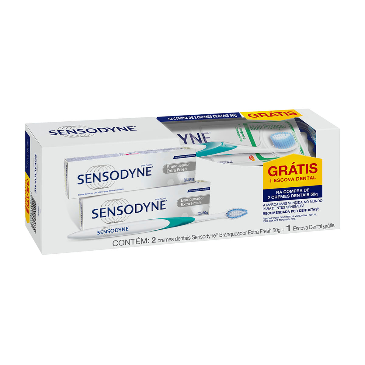 Kit 2 Cremes Dentais Sensodyne Branqueador Extra Fresh 50g Grátis Escova Dental Multi Proteção para Dentes Sensíveis