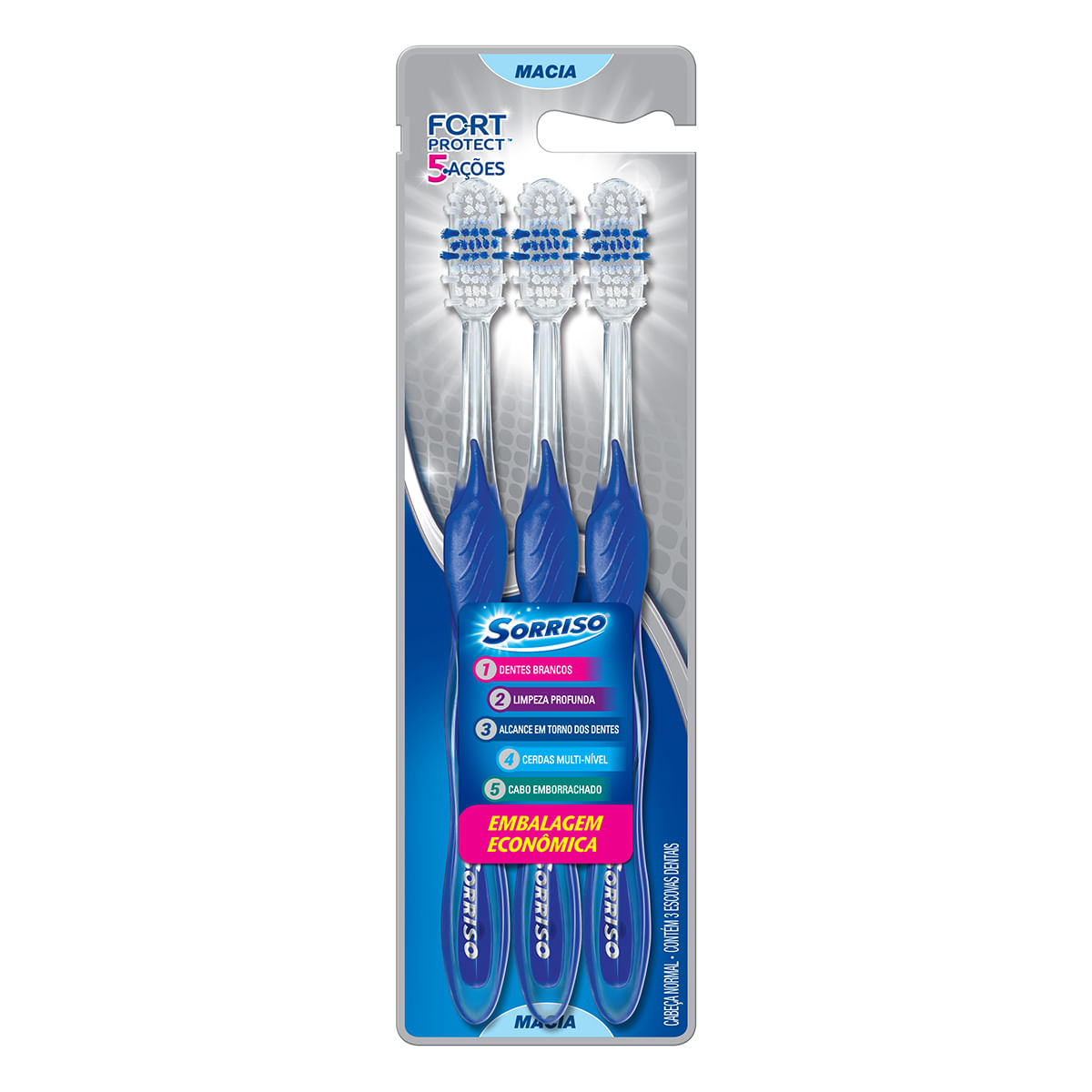 Escova Dental Sorriso Fort Protect Azul com 3 Unidades