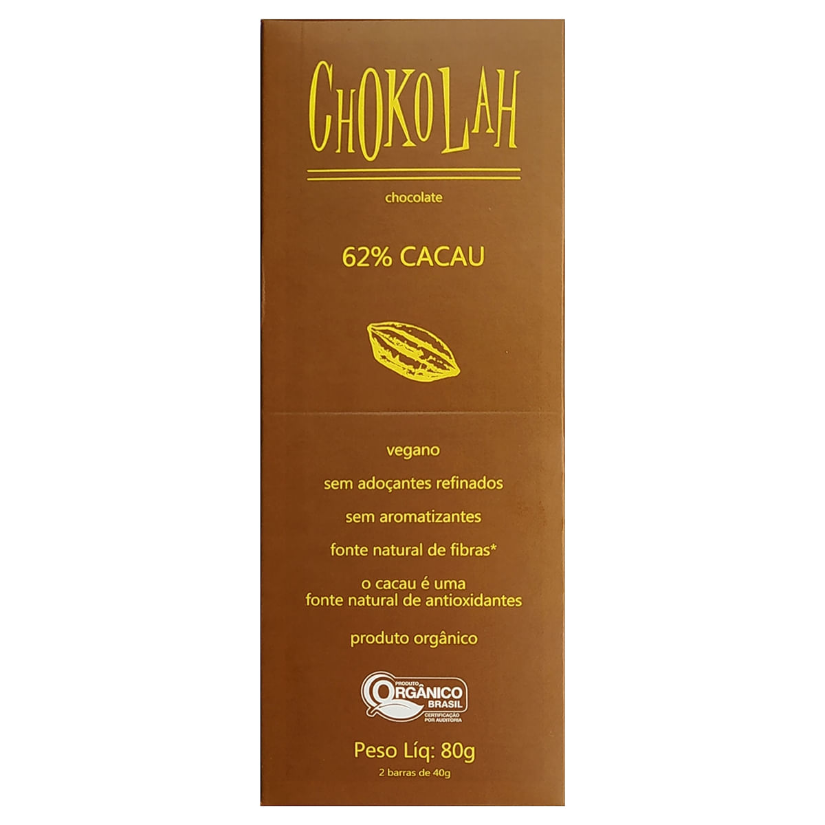 Chocolate Orgânico Amargo 62% Cacau Chokolah 80 g