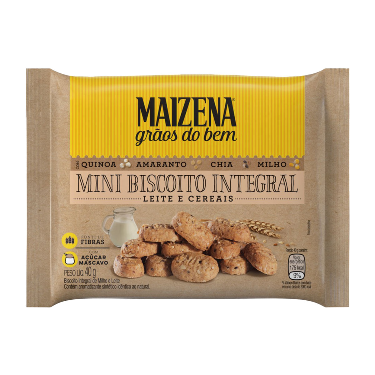 Mini Biscoito Integral Sabor Leite e Cereais Maizena Grãos do Bem 40g