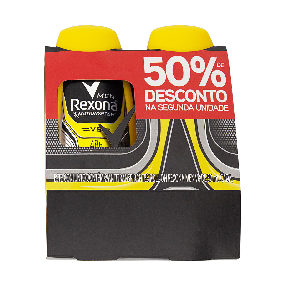 Pack Antitranspirante Roll-On V8 Rexona Men Motionsense Frasco 2 Unidades 50ml Cada Grátis 50% de Desconto na Segunda Unidade