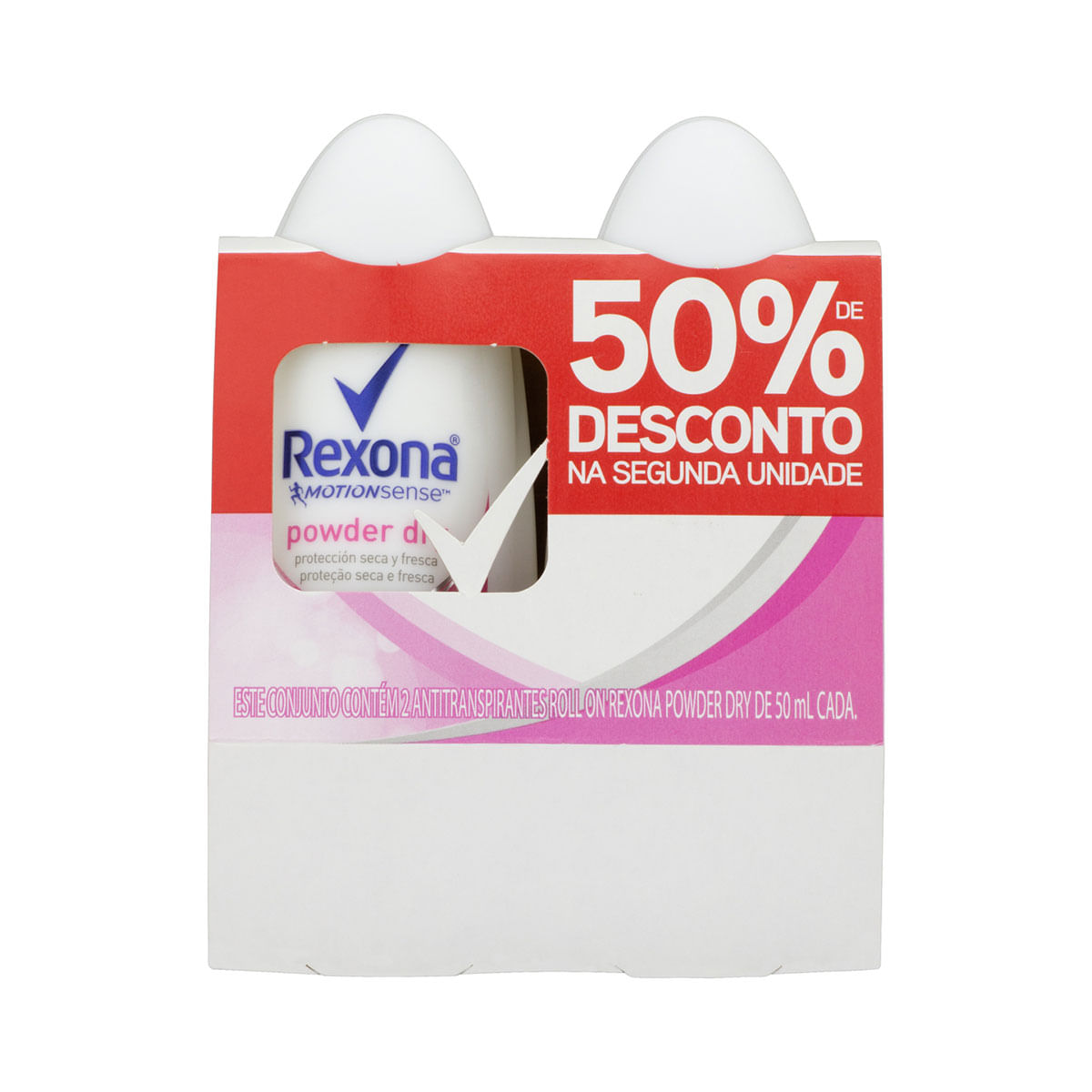 Pack Antitranspirante Roll-On Powder Dry Rexona Motionsense Frasco 2 Unidades 50ml Cada Grátis 50% de Desconto na Segunda Unidade