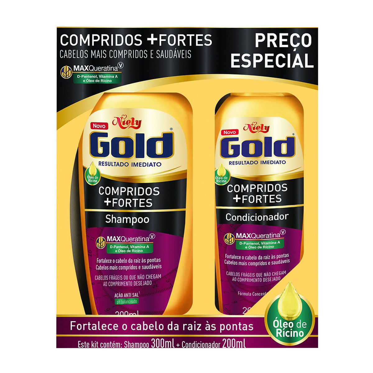 Kit Niely Gold Compridos + Fortes Shampoo 300ml + Condicionador 200ml