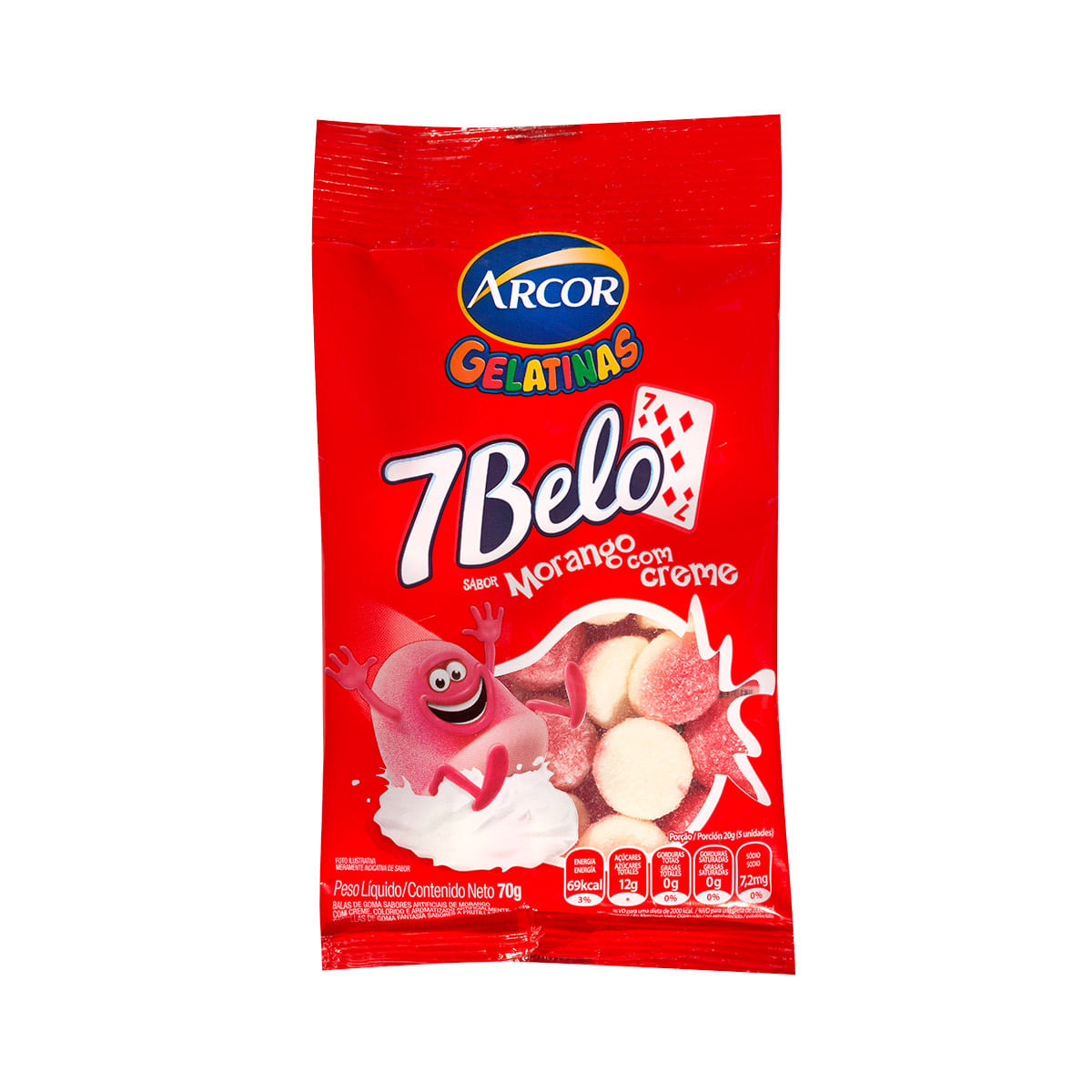 Bala de Gelatina 7Belo Morango Com Creme Arcor 70g