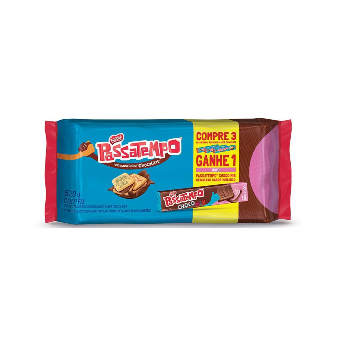 Biscoito Recheado de Chocolate Passatempo 130g + Biscoito Recheado Morango Pague 3 Ganhe 1