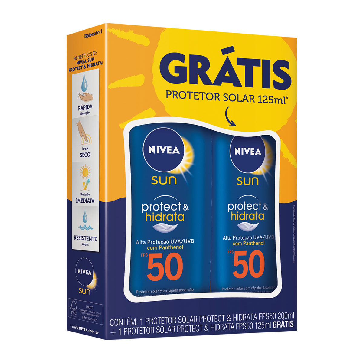 Protetor Solar 50 FPS Nivea Sun Protect &amp; Hidrata 200ml + Protetor Solar 125ml