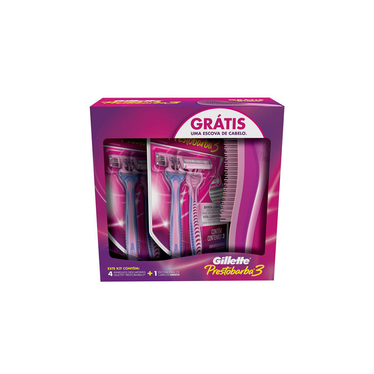 Aparelho de Depilar Descartável Feminino Gillette Prestobarba3 + Escova para Cabelos