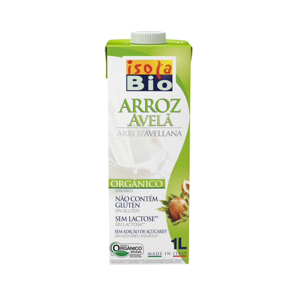 Bebida Vegetal de Arroz sem Lactose Zero Açúcar UHT Sabor Avelã Isola Bio 1 Litro