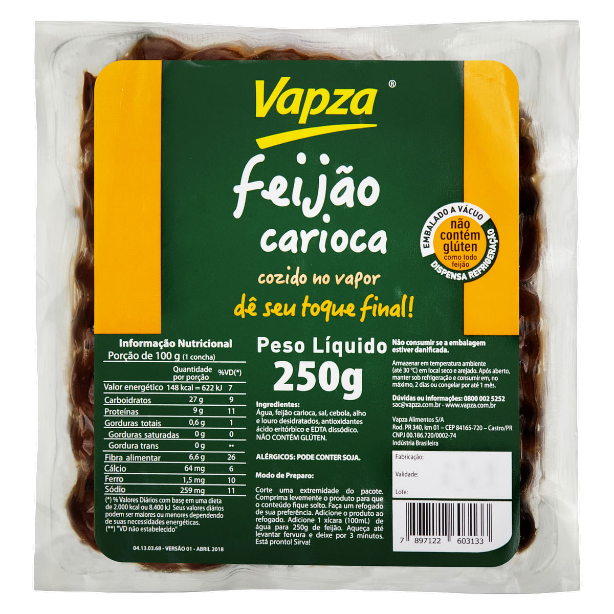 Feijão Carioca Pronto Vapza 250g