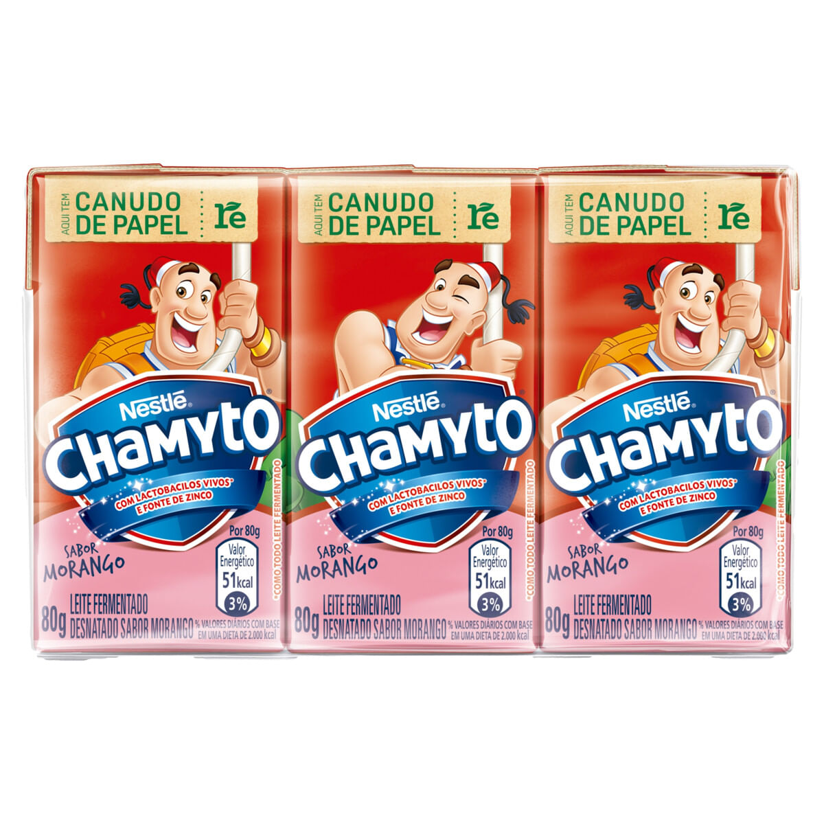 Pack Leite Fermentado Desnatado Morango Chamyto Caixa 6 Unidades 80 g Cada