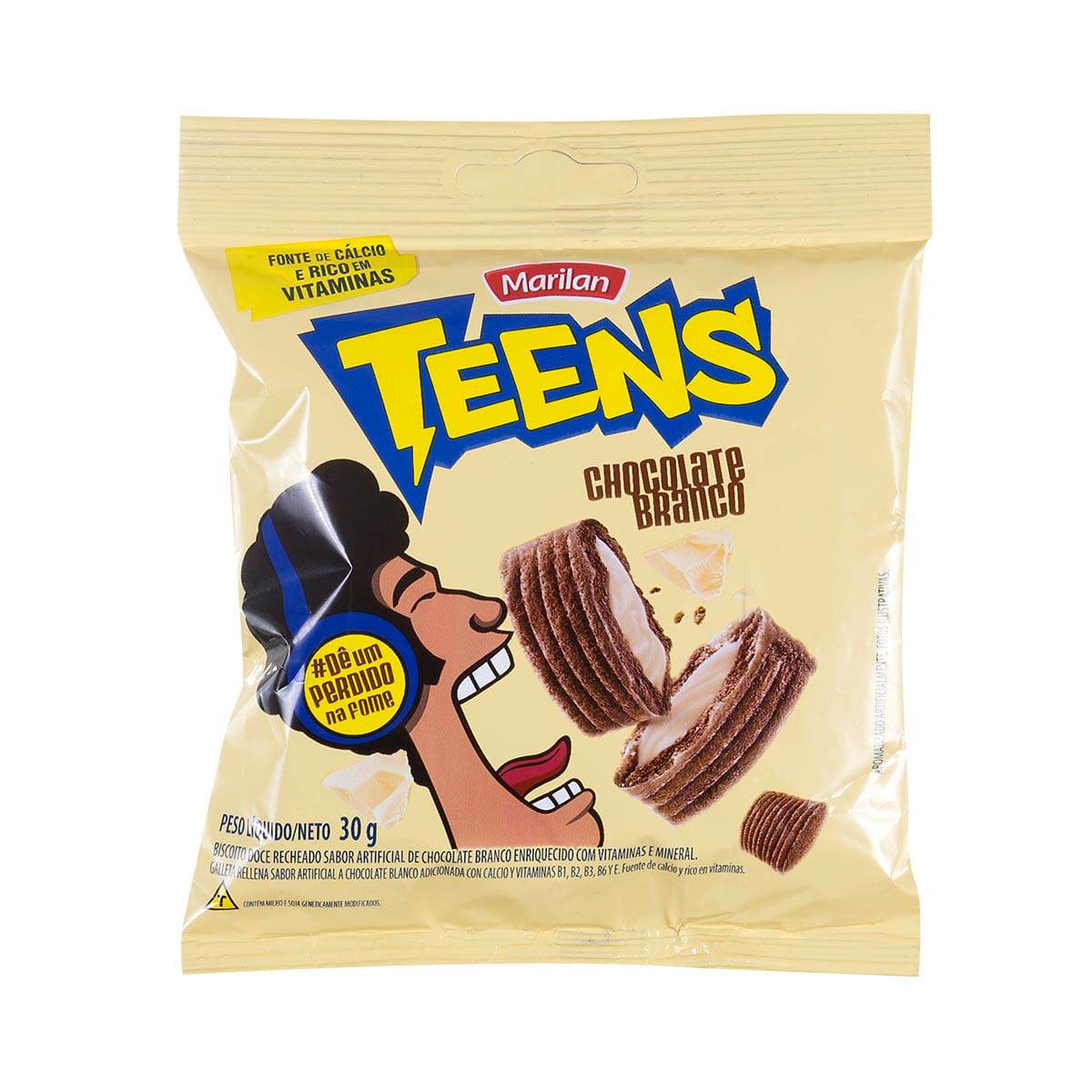 Biscoito de Chocolate, Recheio de Chocolate Branco, Marilan Teens 30g