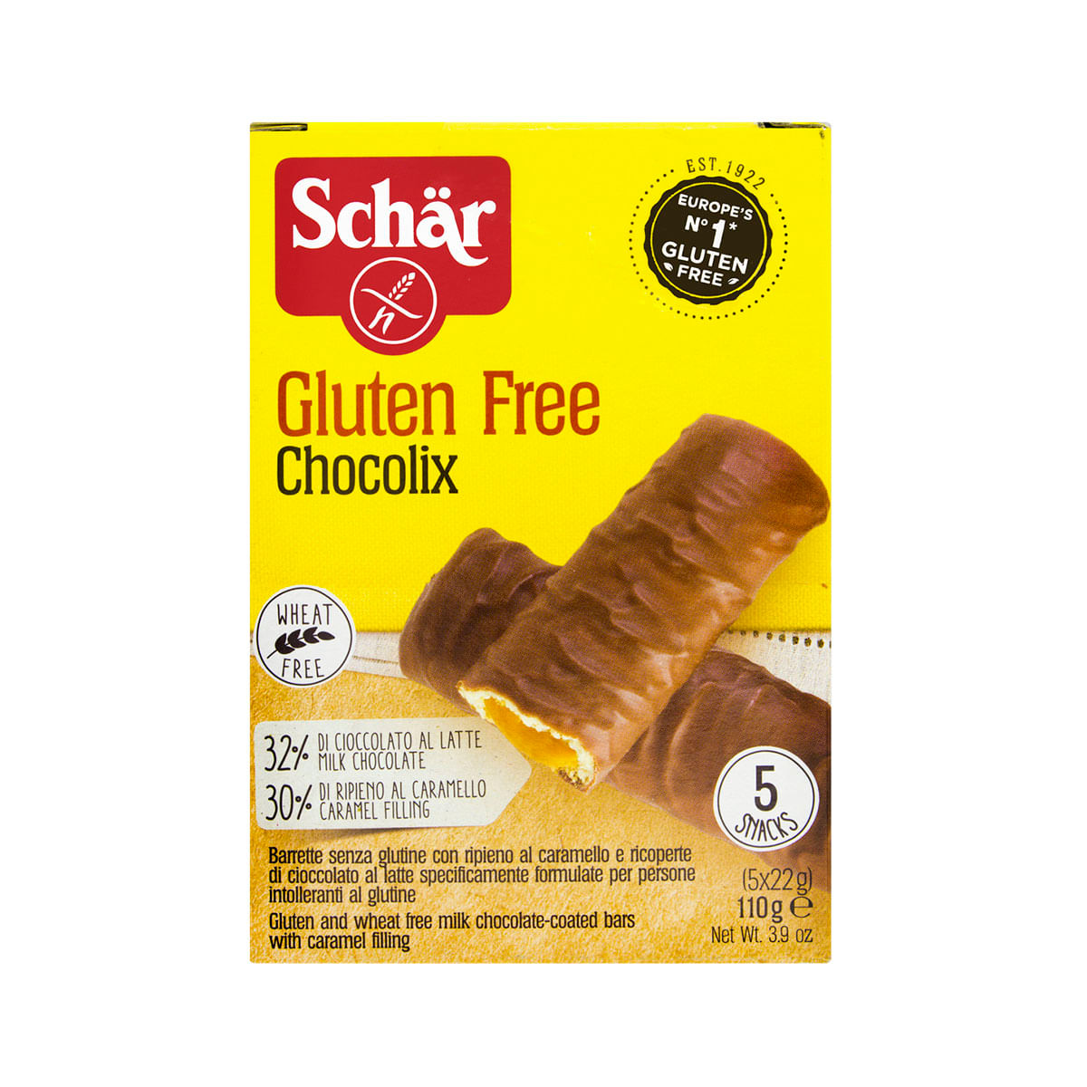 Biscoito de Chocolate Recheio de Caramelo com Cobertura Schar Chocolix sem Glúten 110g