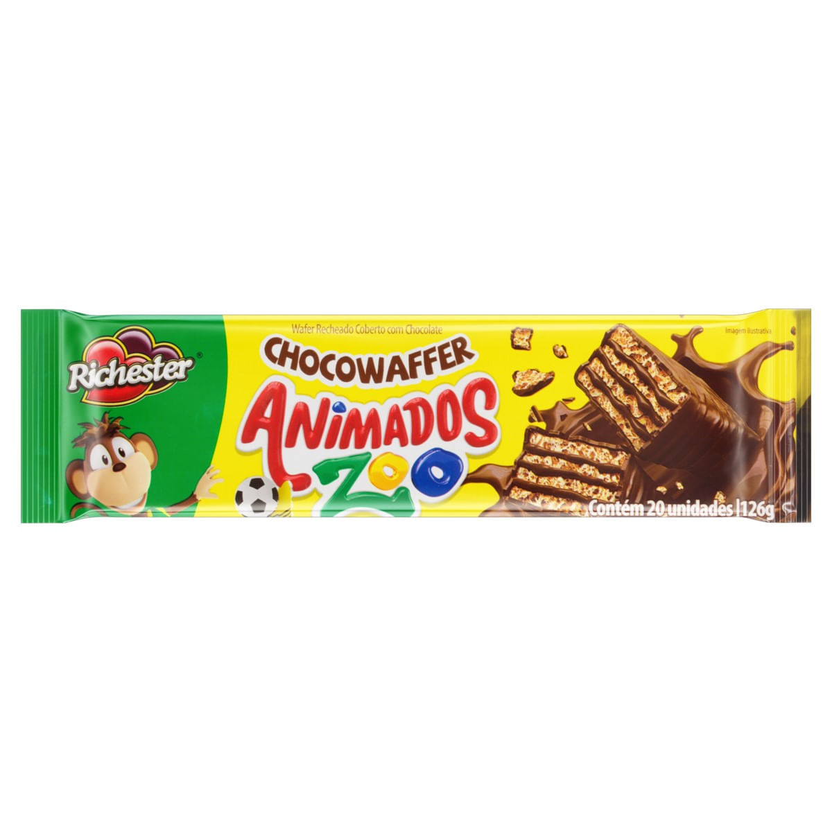 Wafer Recheio e Cobertura Chocolate Richester Animados Zoo 126 g