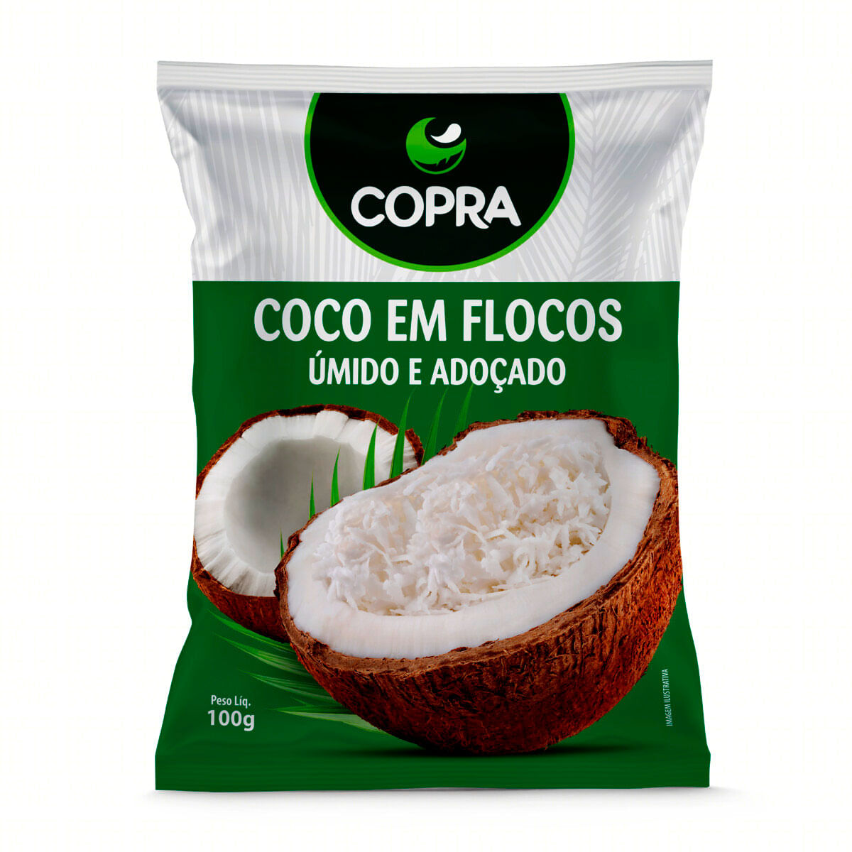 Coco Ralado Úmido Adoçado em Flocos Copra Pacote 100 g