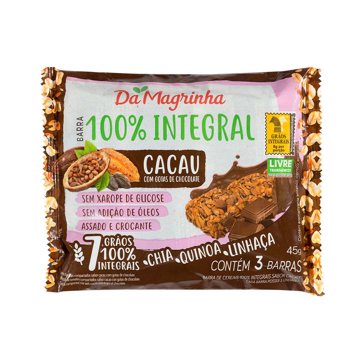 Barra de Cereal Cacau com Gotas de Chocolate Integral Da Magrinha 3 Unidades