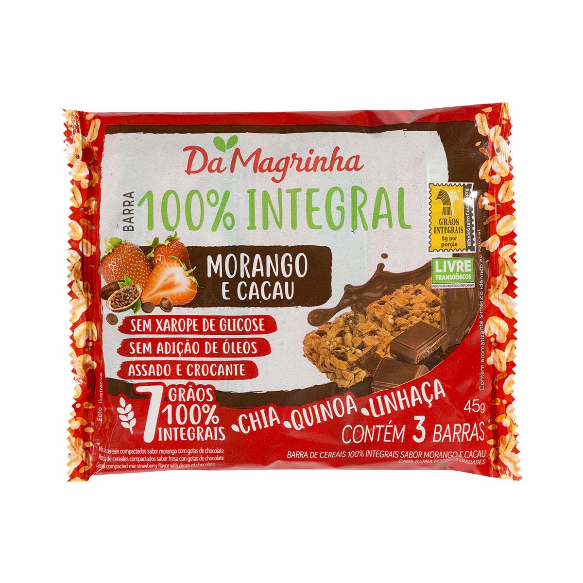 Barra de Cereal Integral Morango e Cacau Chia, Quinoa e Linhaça Da Magrinha 3 Unidades