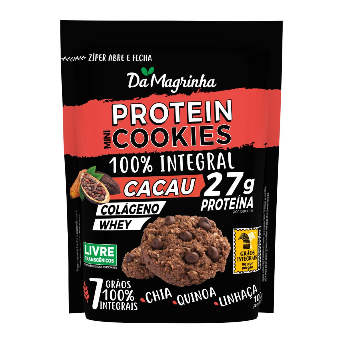 Biscoito Mini Cookies Integral Cacau 27 g Protein Da Magrinha 100 g