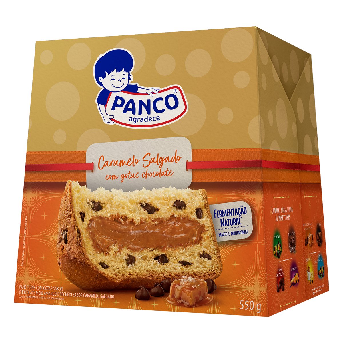 Panettone com Gotas de Chocolate Meio Amargo Recheio Caramelo Salgado Panco Caixa 550 g