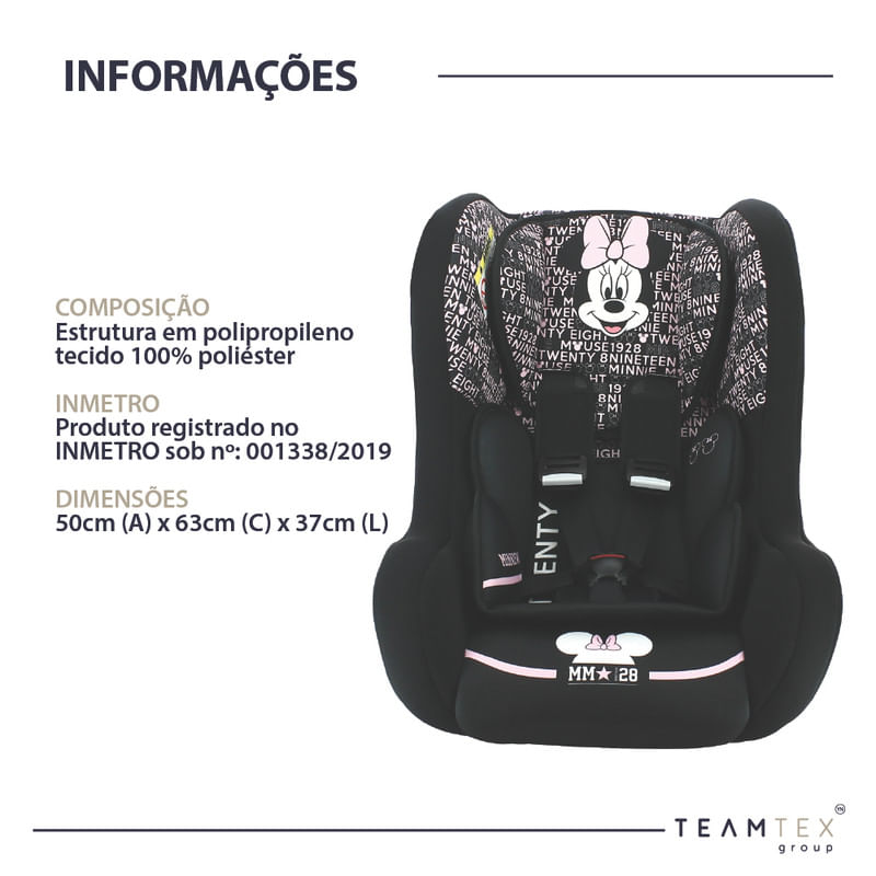 Cadeirinha para Auto Team Tex Disney Trio Minnie Mouse Preta Suporta de 0 a 25 Kg