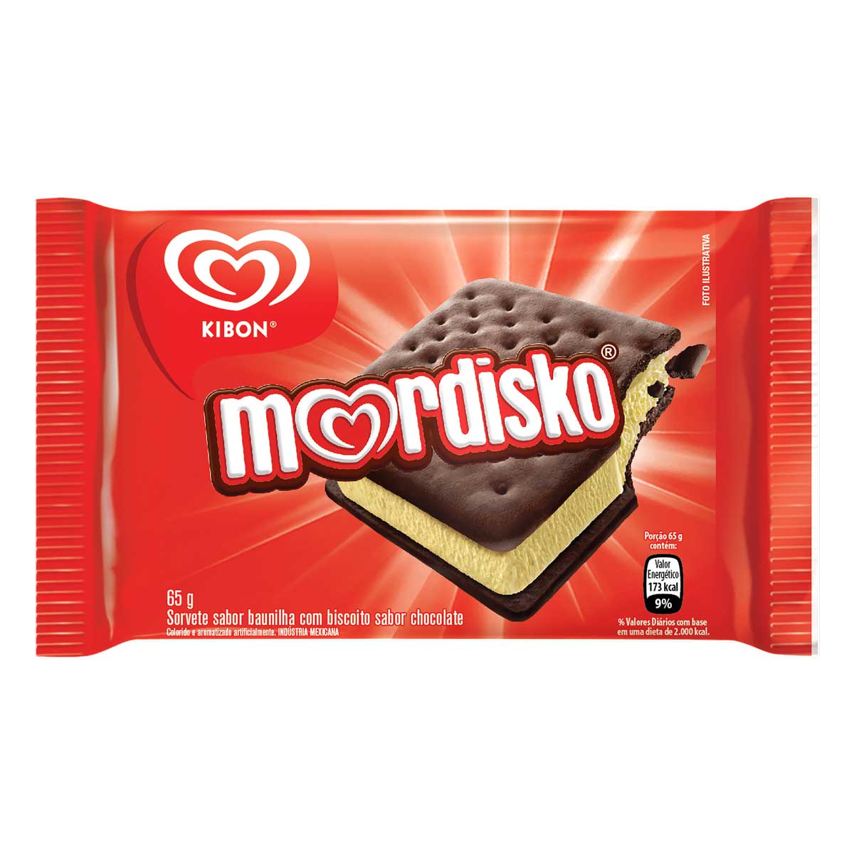 Sorvete Baunilha com Biscoito de Chocolate Kibon Mordisko Pacote 65 g