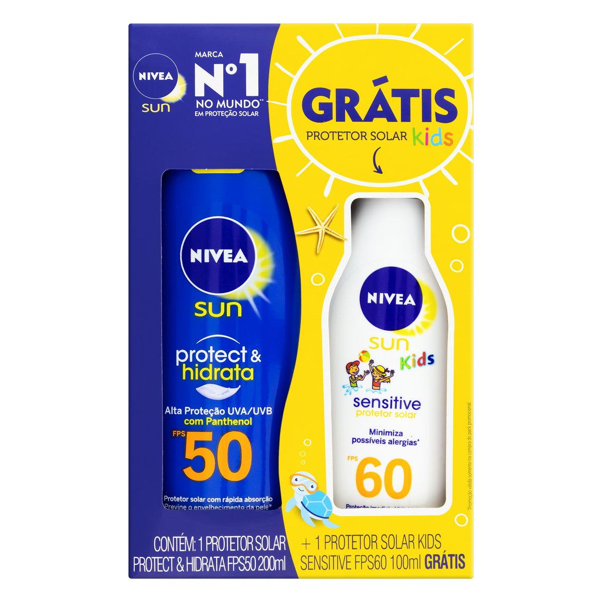 Kit Protetor Solar  FPS 50 Protect &amp; Hidrata Nivea Sun 200ml Grátis Protetor Solar Sensitive Kids FPS 60 100 ml