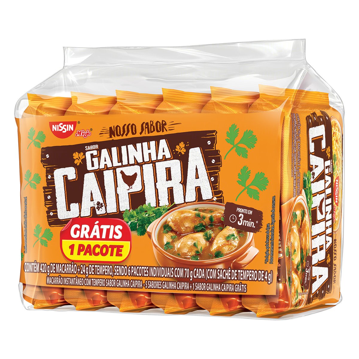 Pack Macarrão Instantâneo Galinha Caipira Nissin Nosso Sabor 444 g 6 Unidades Grátis 1 Pacote