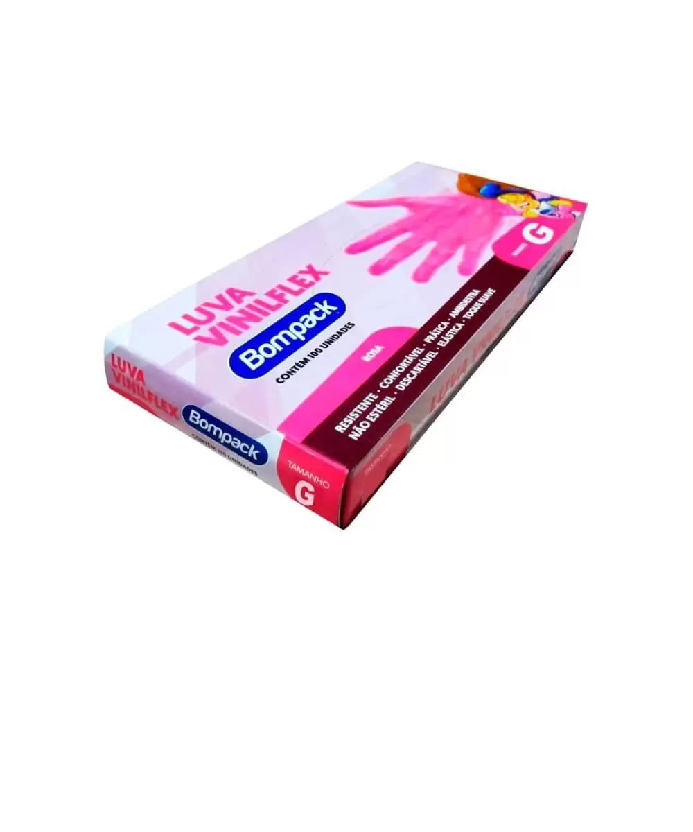 Luvas Descartáveis Vinilflex Bompack Rosa G 100 Unidades