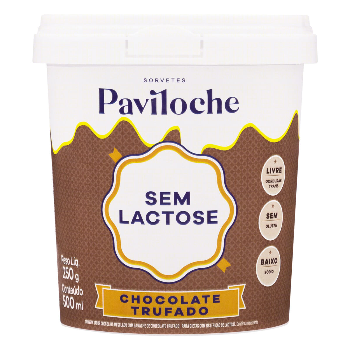 Sorvete Chocolate Trufado Zero Lactose Paviloche Pote 500 ml