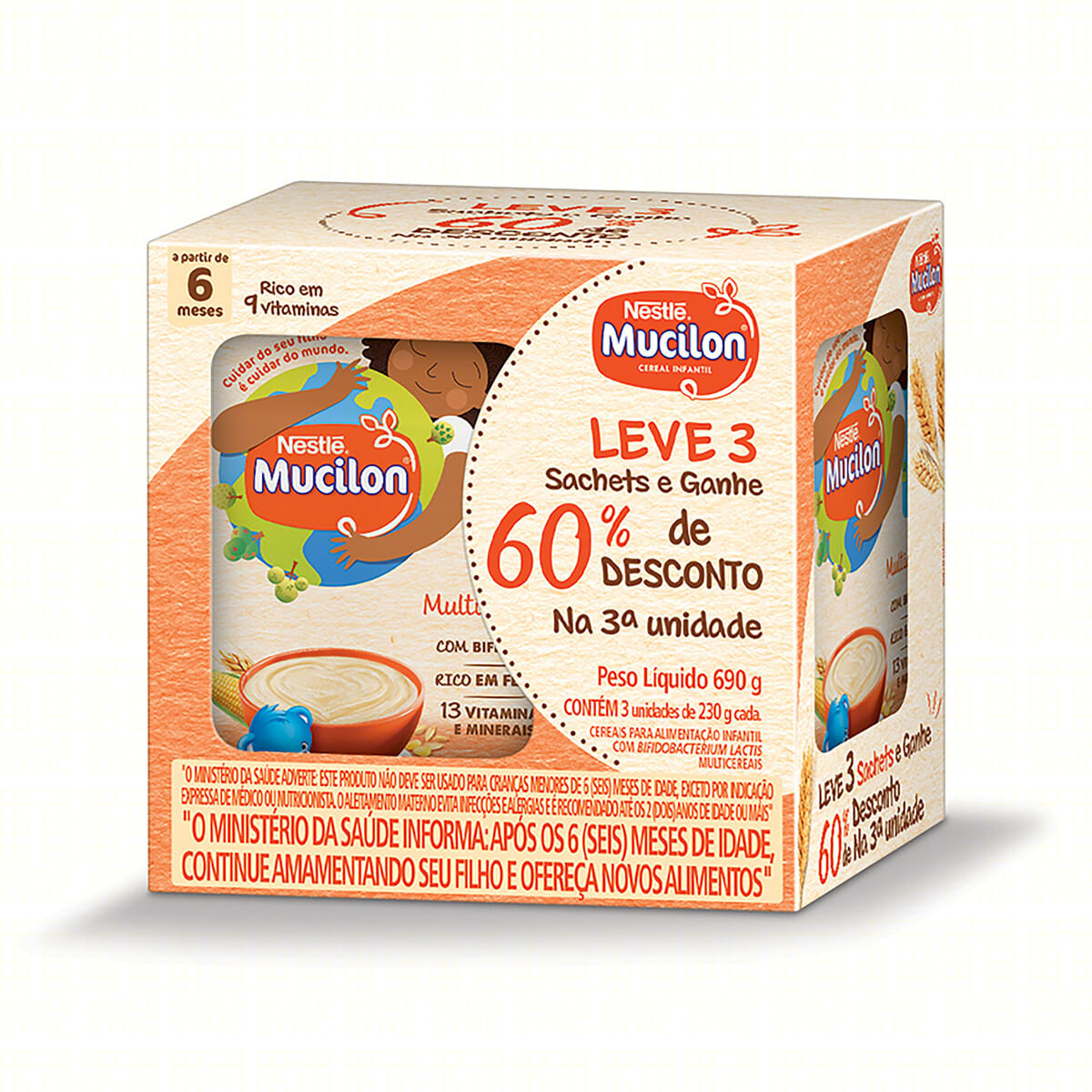 Cereal Infantil Multicereais Mucilon 690 g Pack com 3 Unidades Grátis 60% de Desconto na 3ª Unidade