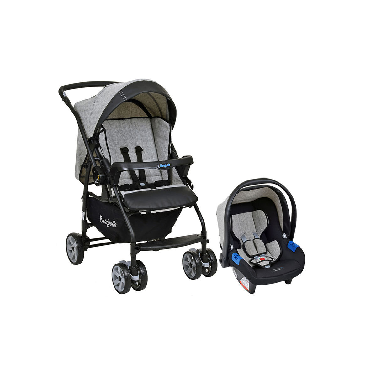 Carrinho de Bebê Travel System Burigotto 6 Rodas 4 Posições Suporta Crianças de Até 15Kg Rio K Cinza