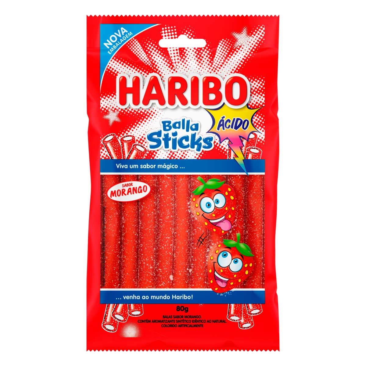 Bala de Gelatina Haribo Sticks Zou Morango e Baunilha 80 g