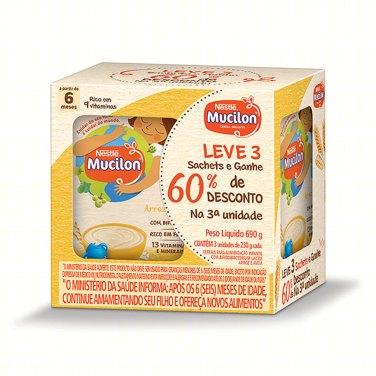 Cereal Infantil Arroz &amp; Aveia Mucilon 690 g Pack com 3 Unidades Grátis 60% de Desconto na 3ª Unidade