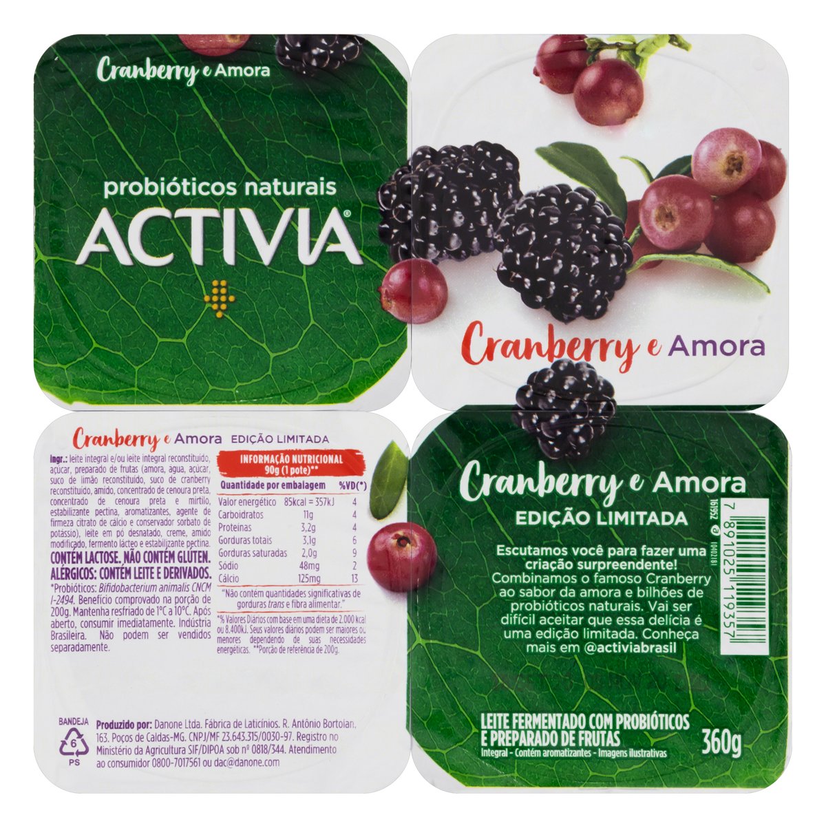 Leite Fermentado Integral Activia Probiótico Cranberry e Amora 360 g 4 unid